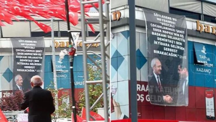 Kılıçdaroğlu’nun konuştuğu alanın tam karşısına Demirtaş pankartı asıldı