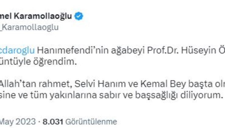 Saadet Partisi Genel Lideri Temel Karamollaoğlu, Selvi Kılıçdaroğlu’nun ağabeyi Hüseyin Özdağ’ın vefatı nedeniyle başsağlığı bildirisi yayınladı