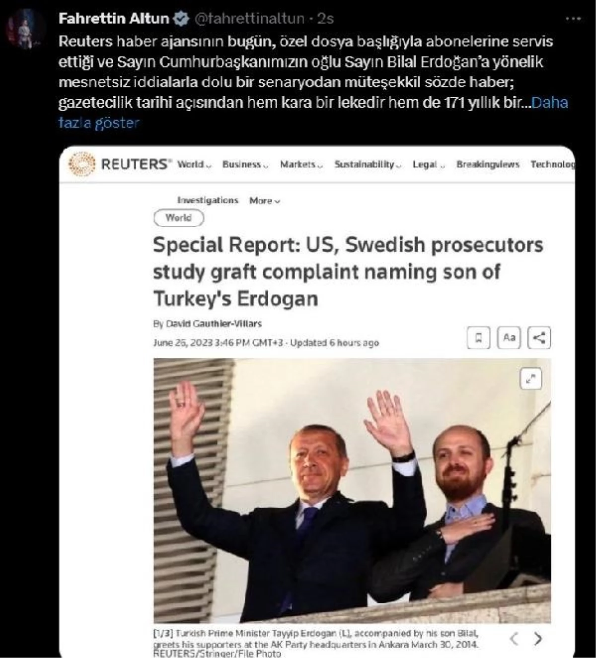 Cumhurbaşkanlığı İrtibat Lideri Fahrettin Altun, Reuters haber ajansının oğlu Bilal Erdoğan’a yönelik savlarla dolu haberi için açıklama yaptı
