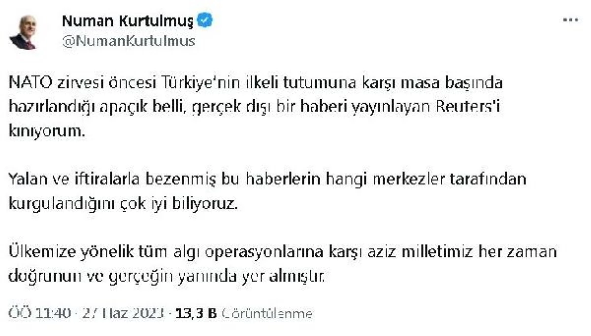 TBMM Lideri Numan Kurtulmuş, Reuters’i kınadı