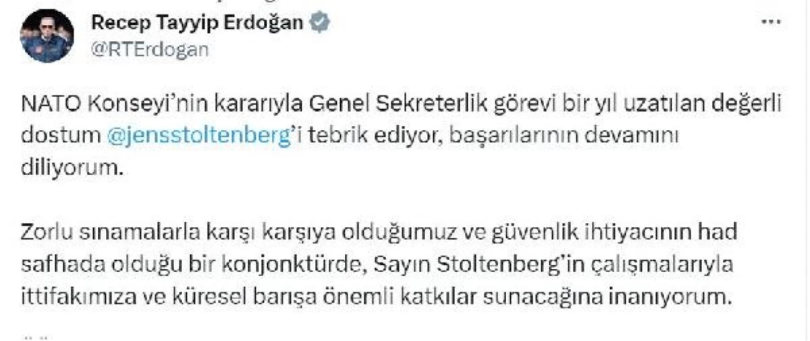 Cumhurbaşkanı Erdoğan, NATO Genel Sekreteri Jens Stoltenberg’i tebrik etti