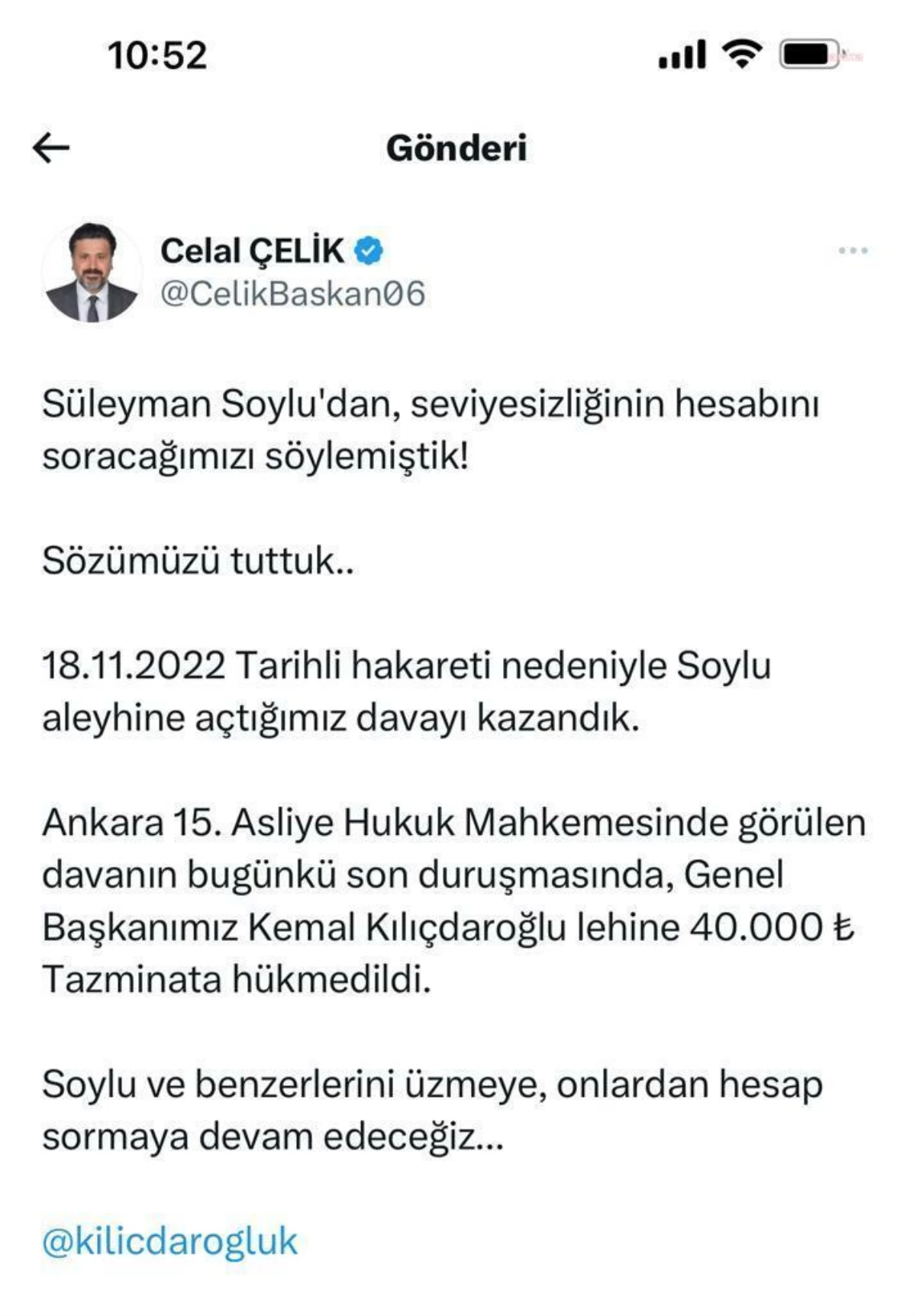 Kılıçdaroğlu, Soylu’ya karşı dava kazandı